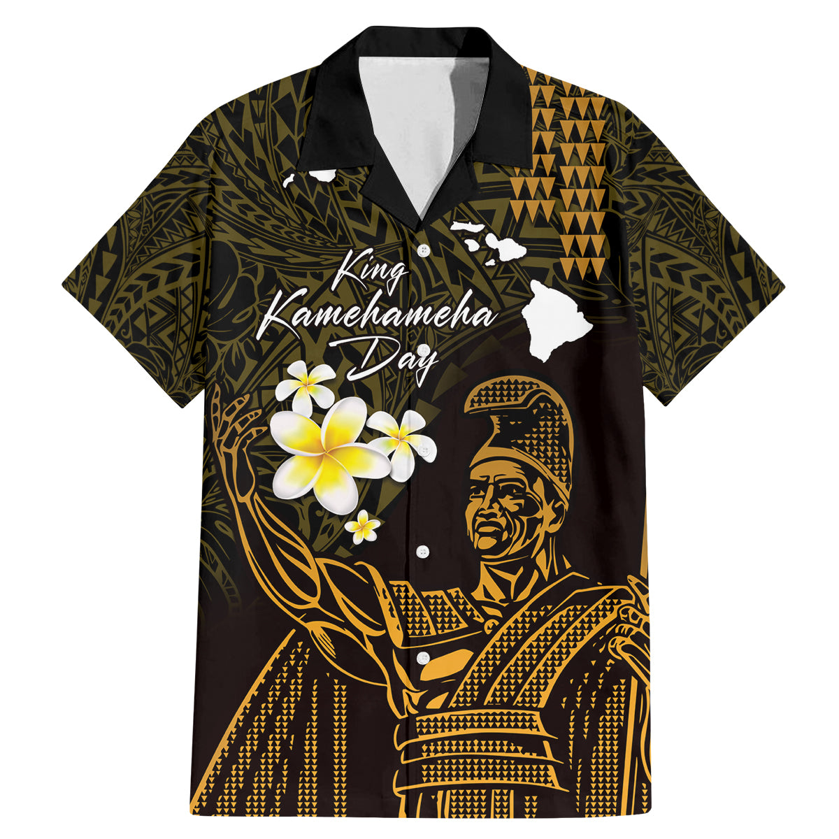 Personalised Hawaii King Kamehameha Day Family Matching Mermaid Dress and Hawaiian Shirt Plumeria With Kakau Pattern - Gold LT14 Dad's Shirt - Short Sleeve Gold - Polynesian Pride