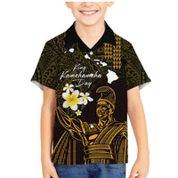 Personalised Hawaii King Kamehameha Day Family Matching Mermaid Dress and Hawaiian Shirt Plumeria With Kakau Pattern - Gold LT14 Son's Shirt Gold - Polynesian Pride