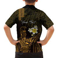 Personalised Hawaii King Kamehameha Day Family Matching Off Shoulder Short Dress and Hawaiian Shirt Plumeria With Kakau Pattern - Gold LT14 - Polynesian Pride