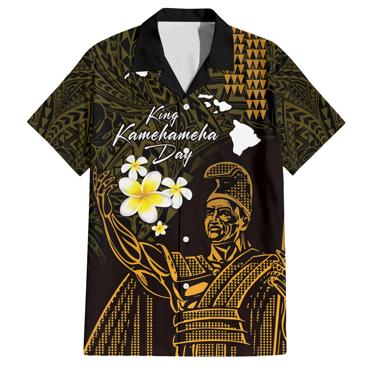 Personalised Hawaii King Kamehameha Day Family Matching Off Shoulder Short Dress and Hawaiian Shirt Plumeria With Kakau Pattern - Gold LT14 Dad's Shirt - Short Sleeve Gold - Polynesian Pride