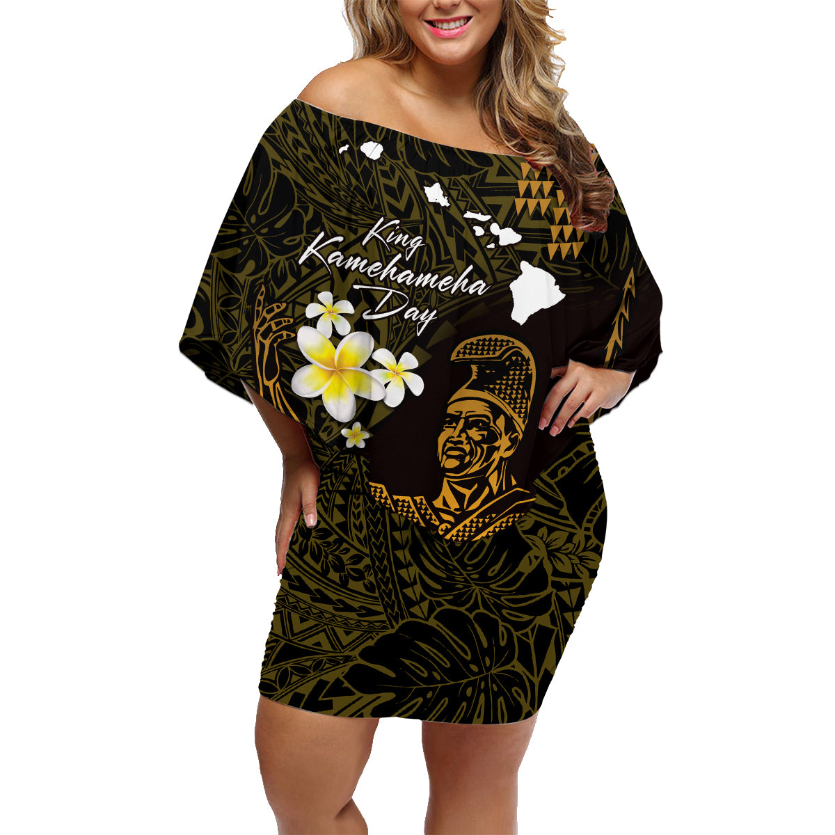 Personalised Hawaii King Kamehameha Day Family Matching Off Shoulder Short Dress and Hawaiian Shirt Plumeria With Kakau Pattern - Gold LT14 Mom's Dress Gold - Polynesian Pride