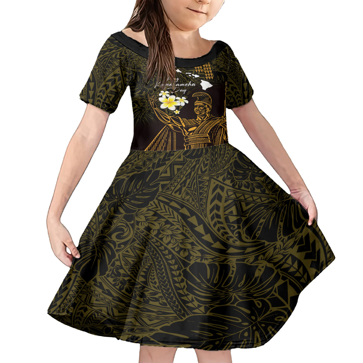 Personalised Hawaii King Kamehameha Day Family Matching Puletasi and Hawaiian Shirt Plumeria With Kakau Pattern - Gold LT14 Daughter's Dress Gold - Polynesian Pride