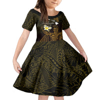 Personalised Hawaii King Kamehameha Day Family Matching Puletasi and Hawaiian Shirt Plumeria With Kakau Pattern - Gold LT14 Daughter's Dress Gold - Polynesian Pride