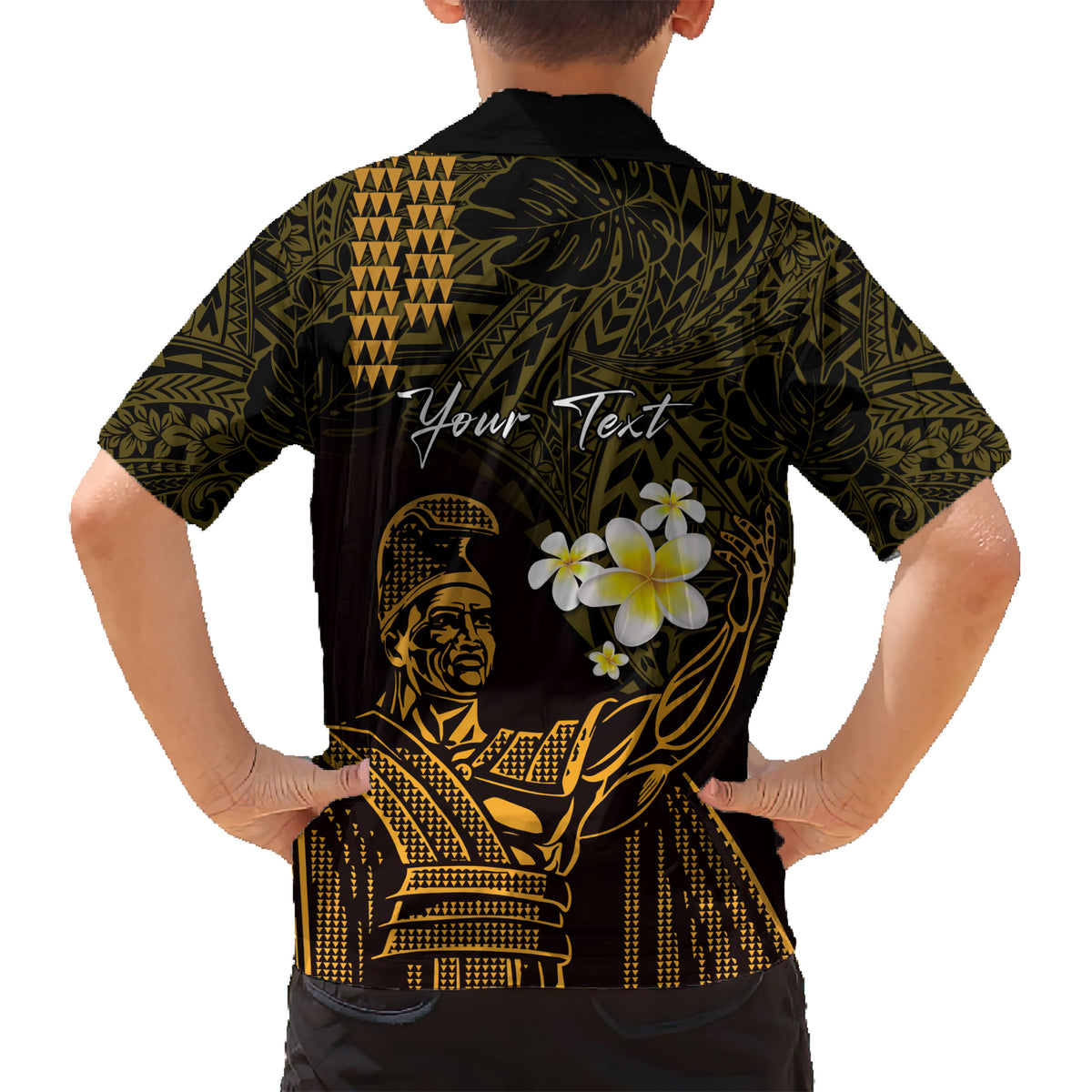 Personalised Hawaii King Kamehameha Day Family Matching Short Sleeve Bodycon Dress and Hawaiian Shirt Plumeria With Kakau Pattern - Gold