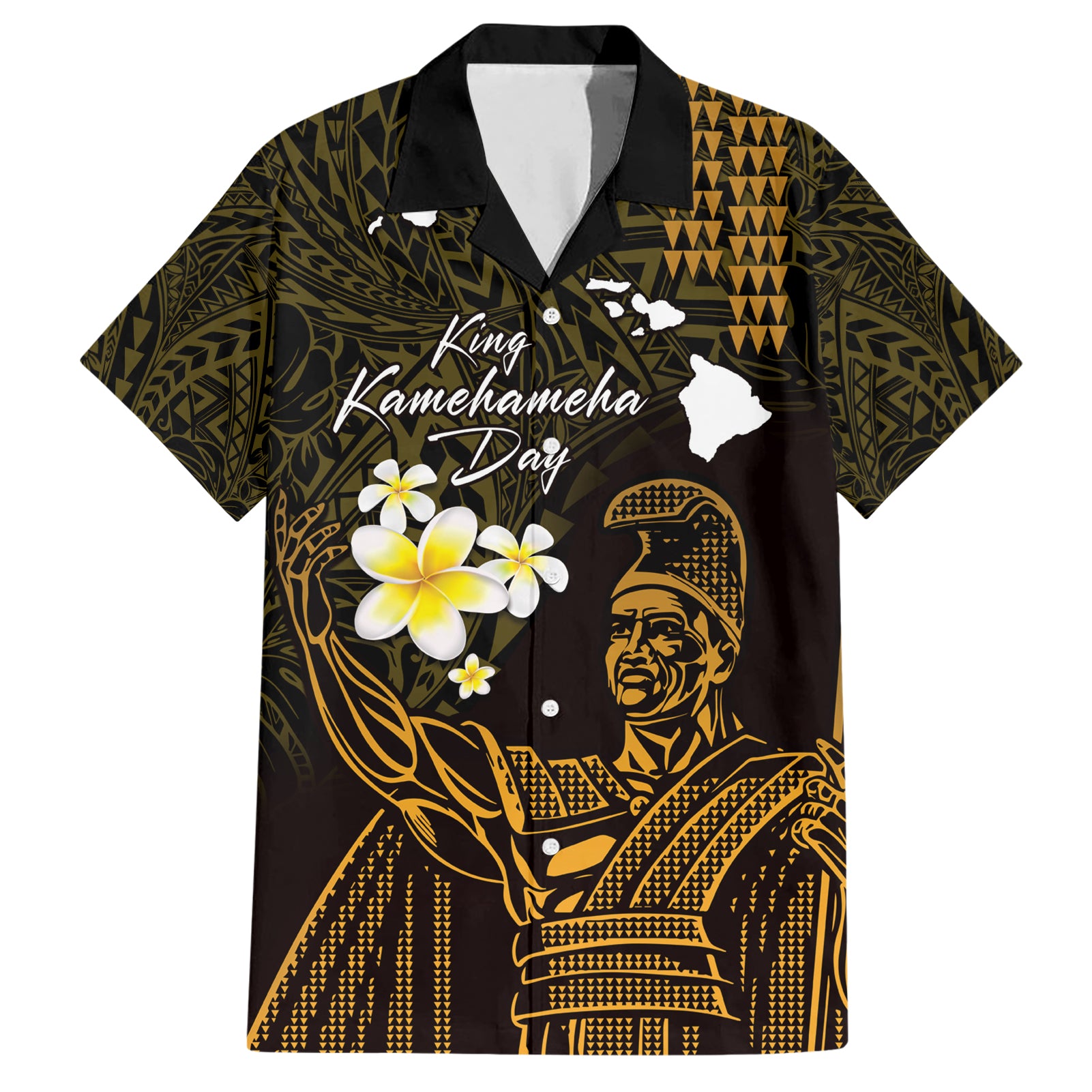 Personalised Hawaii King Kamehameha Day Hawaiian Shirt Plumeria With Kakau Pattern - Gold