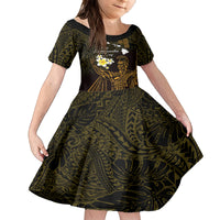Personalised Hawaii King Kamehameha Day Kid Short Sleeve Dress Plumeria With Kakau Pattern - Gold