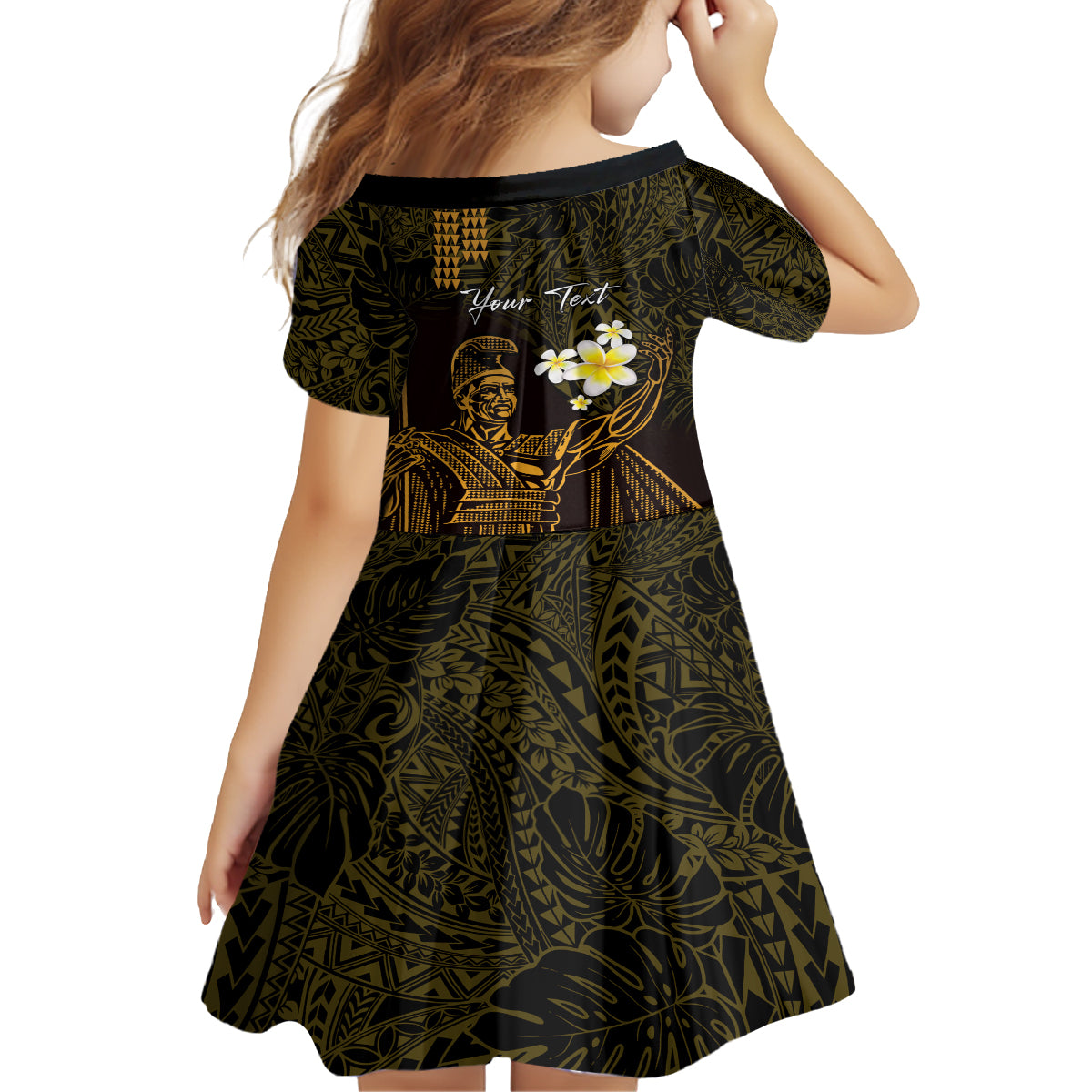 Personalised Hawaii King Kamehameha Day Kid Short Sleeve Dress Plumeria With Kakau Pattern - Gold