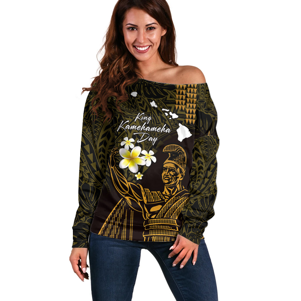 Personalised Hawaii King Kamehameha Day Off Shoulder Sweater Plumeria With Kakau Pattern - Gold
