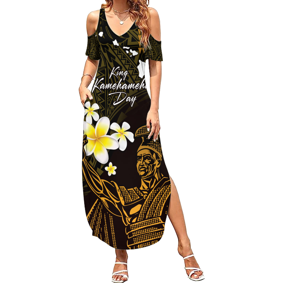 Personalised Hawaii King Kamehameha Day Summer Maxi Dress Plumeria With Kakau Pattern - Gold