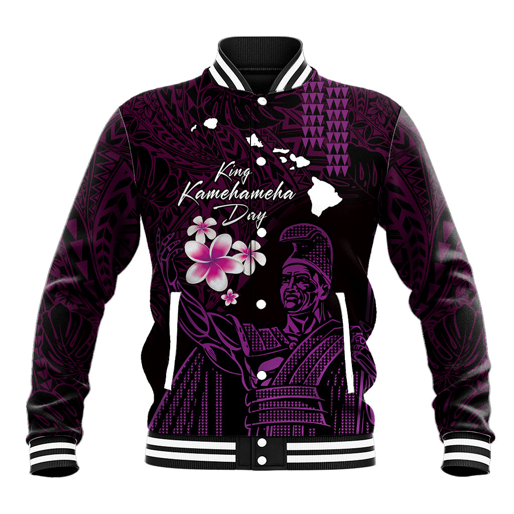 Personalised Hawaii King Kamehameha Day Baseball Jacket Plumeria With Kakau Pattern - Purple