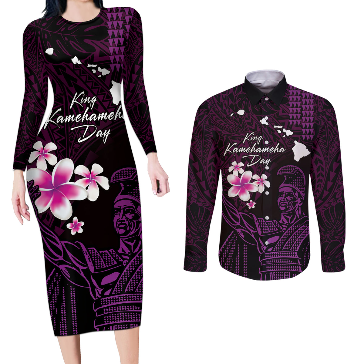 Personalised Hawaii King Kamehameha Day Couples Matching Long Sleeve Bodycon Dress and Long Sleeve Button Shirt Plumeria With Kakau Pattern - Purple LT14 Purple - Polynesian Pride