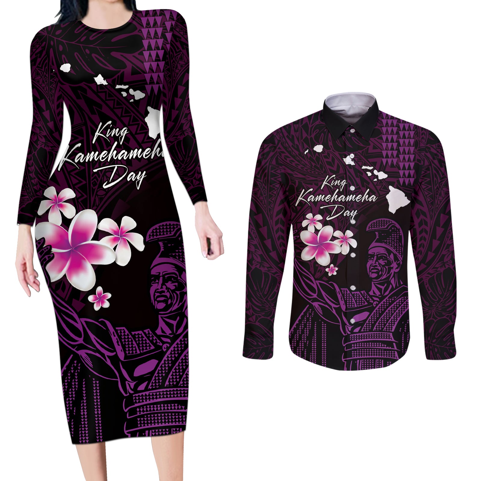 Personalised Hawaii King Kamehameha Day Couples Matching Long Sleeve Bodycon Dress and Long Sleeve Button Shirt Plumeria With Kakau Pattern - Purple