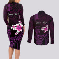 Personalised Hawaii King Kamehameha Day Couples Matching Long Sleeve Bodycon Dress and Long Sleeve Button Shirt Plumeria With Kakau Pattern - Purple LT14 - Polynesian Pride