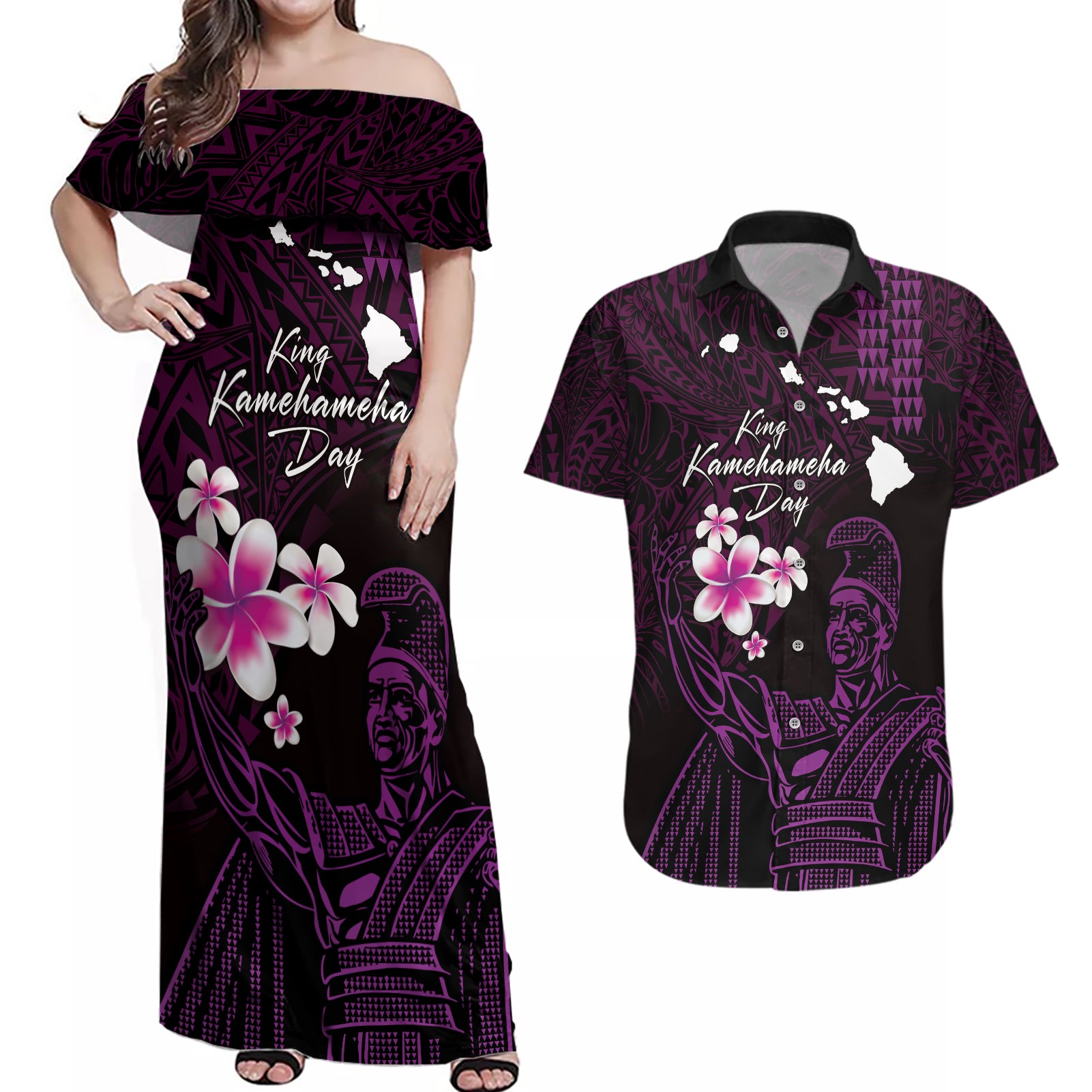 Personalised Hawaii King Kamehameha Day Couples Matching Off Shoulder Maxi Dress and Hawaiian Shirt Plumeria With Kakau Pattern - Purple