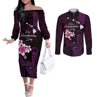 Personalised Hawaii King Kamehameha Day Couples Matching Off The Shoulder Long Sleeve Dress and Long Sleeve Button Shirt Plumeria With Kakau Pattern - Purple LT14 Purple - Polynesian Pride