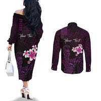 Personalised Hawaii King Kamehameha Day Couples Matching Off The Shoulder Long Sleeve Dress and Long Sleeve Button Shirt Plumeria With Kakau Pattern - Purple LT14 - Polynesian Pride