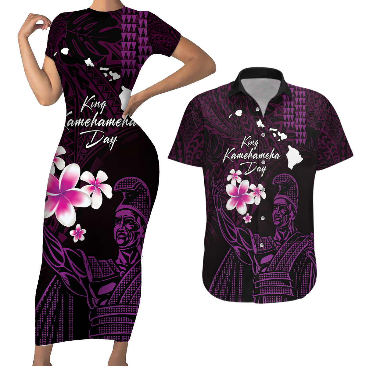 Personalised Hawaii King Kamehameha Day Couples Matching Short Sleeve Bodycon Dress and Hawaiian Shirt Plumeria With Kakau Pattern - Purple LT14 Purple - Polynesian Pride