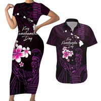 Personalised Hawaii King Kamehameha Day Couples Matching Short Sleeve Bodycon Dress and Hawaiian Shirt Plumeria With Kakau Pattern - Purple LT14 Purple - Polynesian Pride