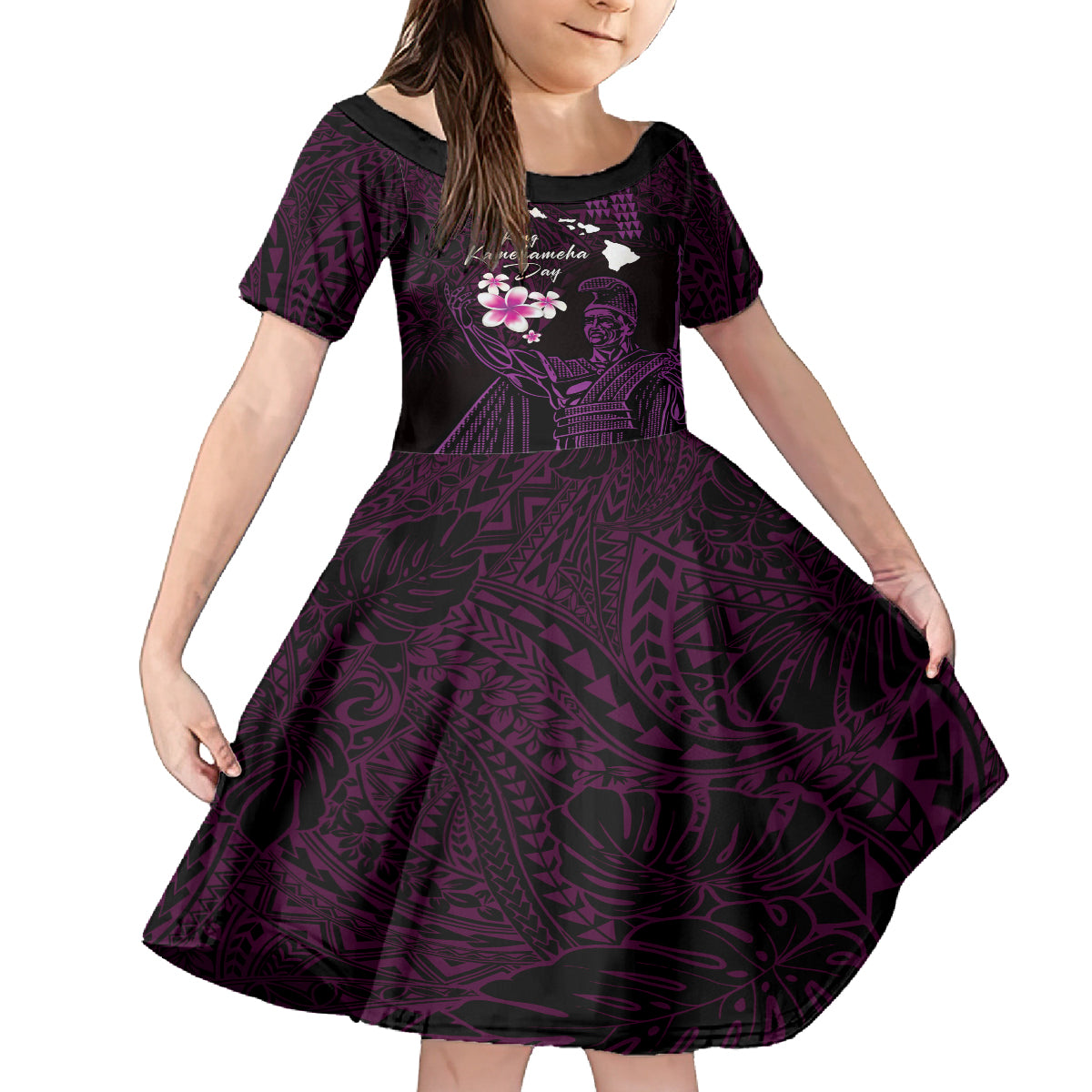 Personalised Hawaii King Kamehameha Day Family Matching Long Sleeve Bodycon Dress and Hawaiian Shirt Plumeria With Kakau Pattern - Purple LT14 Daughter's Dress Purple - Polynesian Pride
