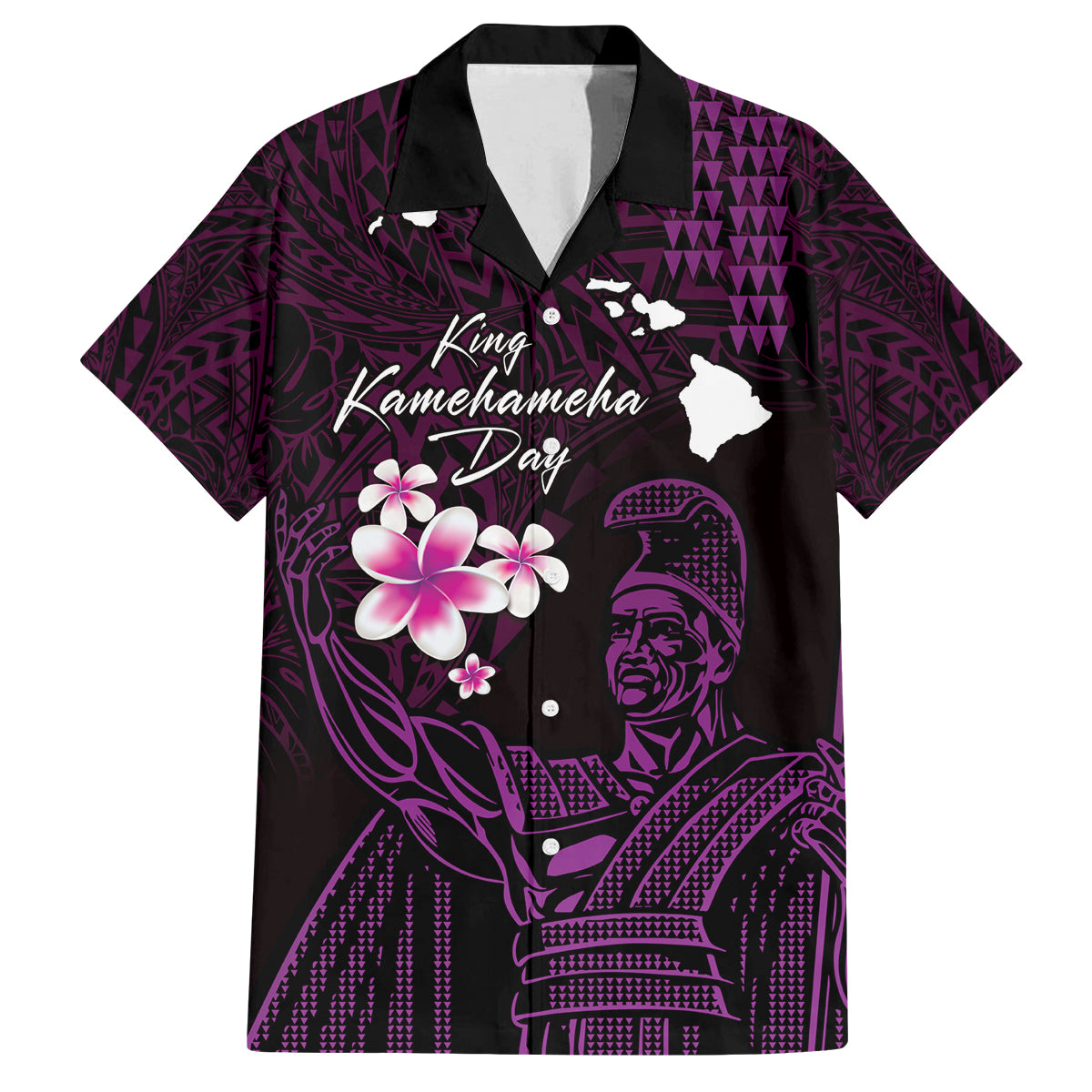 Personalised Hawaii King Kamehameha Day Family Matching Long Sleeve Bodycon Dress and Hawaiian Shirt Plumeria With Kakau Pattern - Purple LT14 Dad's Shirt - Short Sleeve Purple - Polynesian Pride