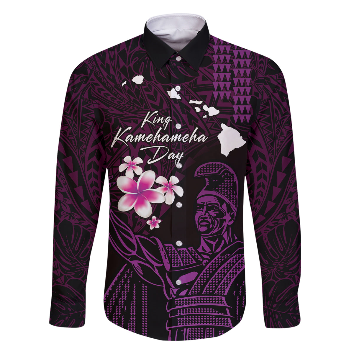 Personalised Hawaii King Kamehameha Day Family Matching Long Sleeve Bodycon Dress and Hawaiian Shirt Plumeria With Kakau Pattern - Purple LT14 Dad's Shirt - Long Sleeve Purple - Polynesian Pride