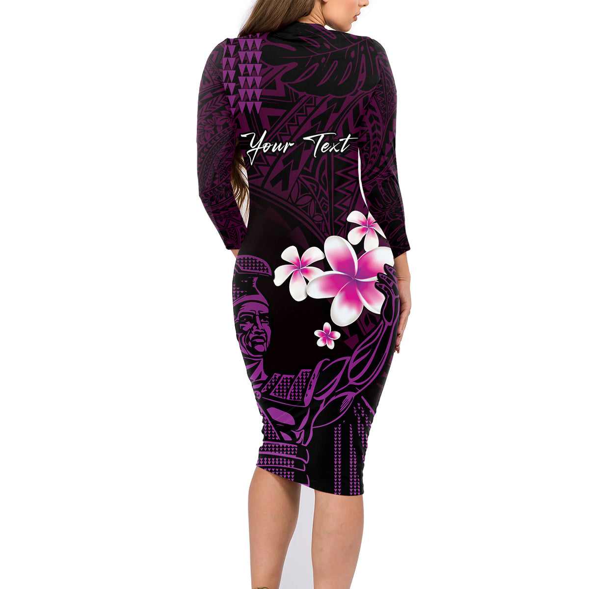 Personalised Hawaii King Kamehameha Day Family Matching Long Sleeve Bodycon Dress and Hawaiian Shirt Plumeria With Kakau Pattern - Purple LT14 - Polynesian Pride