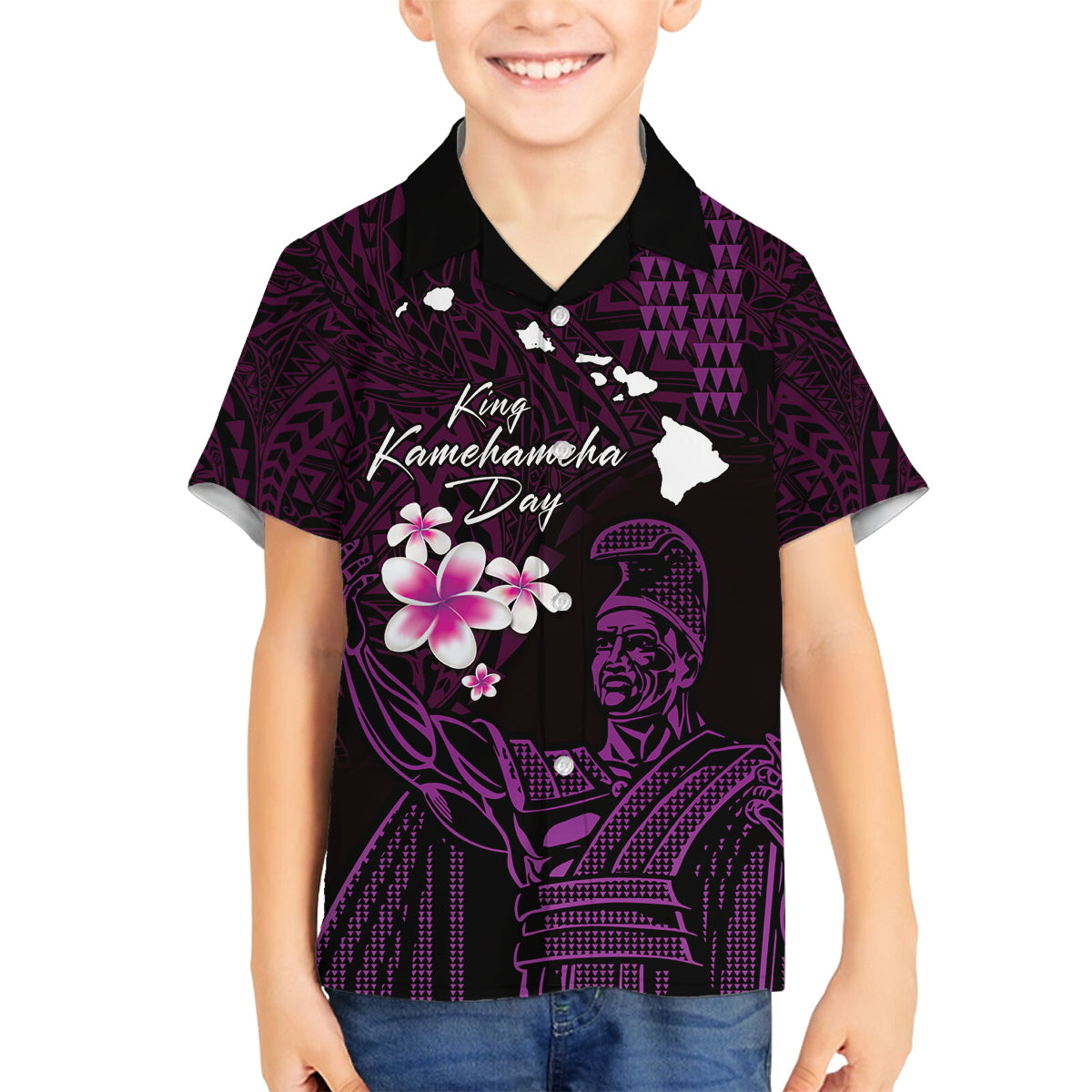 Personalised Hawaii King Kamehameha Day Family Matching Long Sleeve Bodycon Dress and Hawaiian Shirt Plumeria With Kakau Pattern - Purple LT14 Son's Shirt Purple - Polynesian Pride