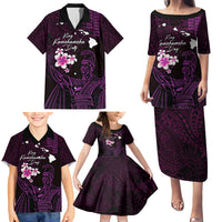 Personalised Hawaii King Kamehameha Day Family Matching Puletasi and Hawaiian Shirt Plumeria With Kakau Pattern - Purple LT14 - Polynesian Pride