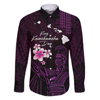 Personalised Hawaii King Kamehameha Day Family Matching Puletasi and Hawaiian Shirt Plumeria With Kakau Pattern - Purple LT14 Dad's Shirt - Long Sleeve Purple - Polynesian Pride