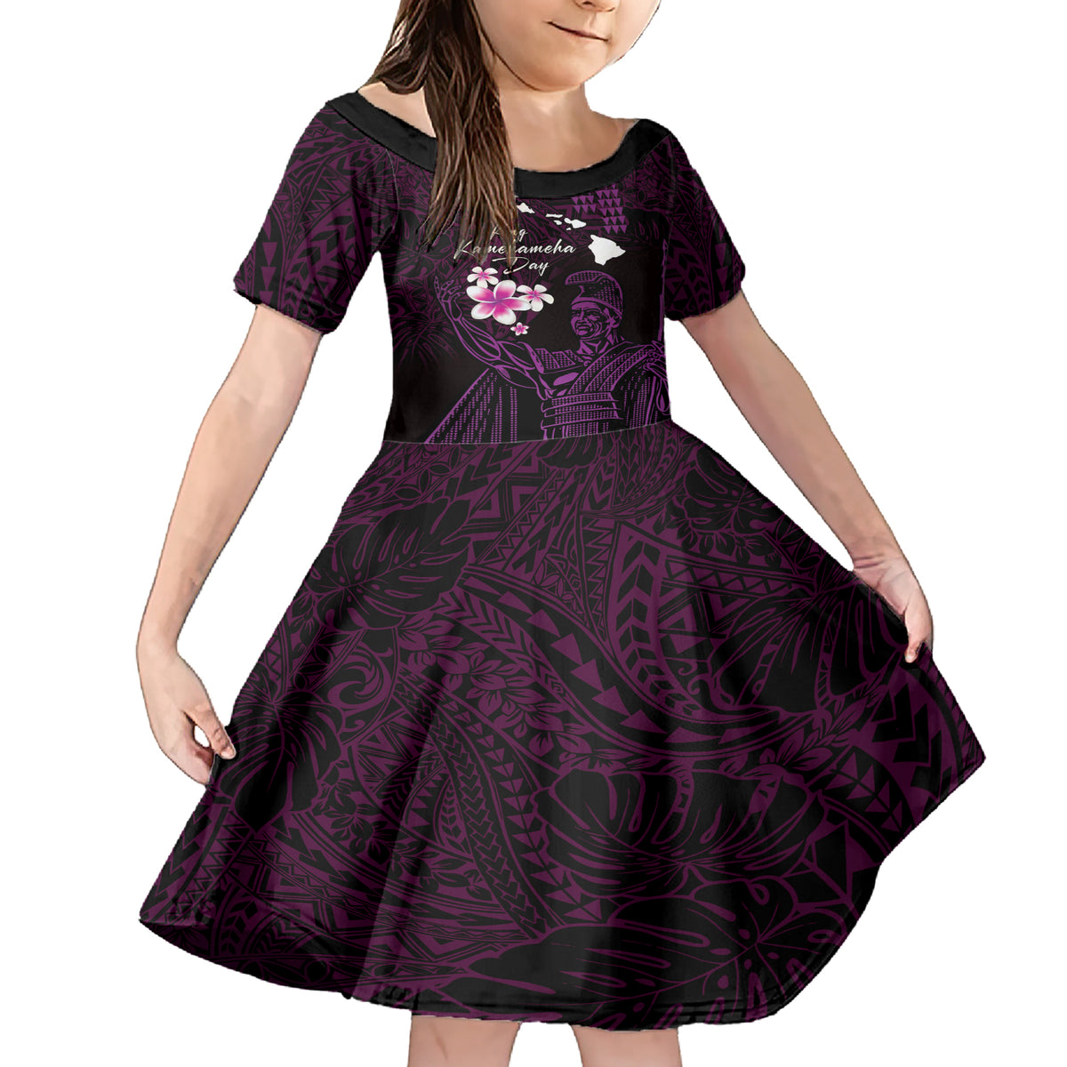 Personalised Hawaii King Kamehameha Day Family Matching Short Sleeve Bodycon Dress and Hawaiian Shirt Plumeria With Kakau Pattern - Purple