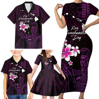 Personalised Hawaii King Kamehameha Day Family Matching Short Sleeve Bodycon Dress and Hawaiian Shirt Plumeria With Kakau Pattern - Purple