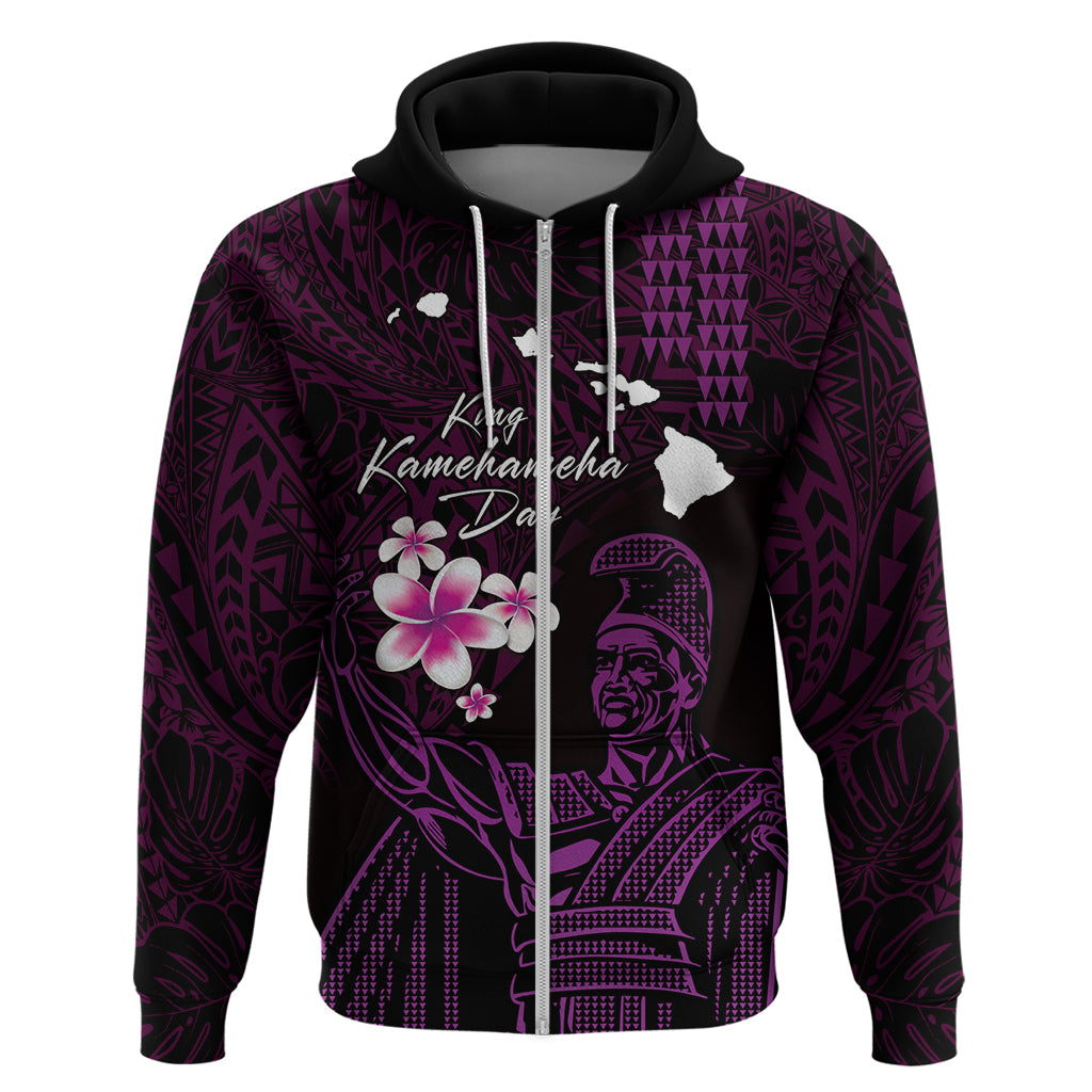 Personalised Hawaii King Kamehameha Day Hoodie Plumeria With Kakau Pattern - Purple