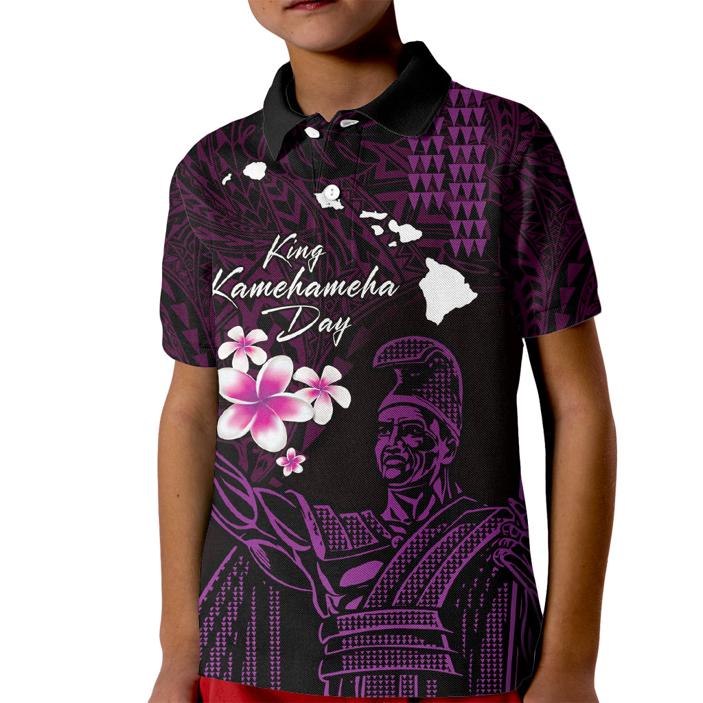 Personalised Hawaii King Kamehameha Day Kid Polo Shirt Plumeria With Kakau Pattern - Purple
