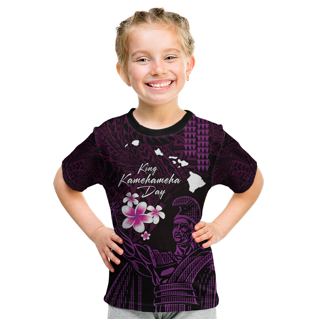 Personalised Hawaii King Kamehameha Day Kid T Shirt Plumeria With Kakau Pattern - Purple