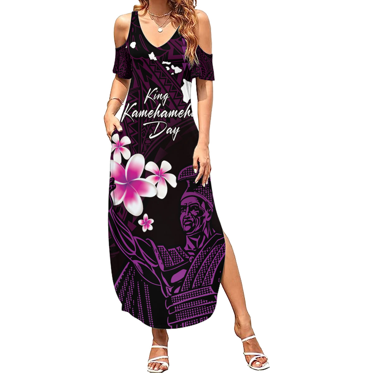 Personalised Hawaii King Kamehameha Day Summer Maxi Dress Plumeria With Kakau Pattern - Purple