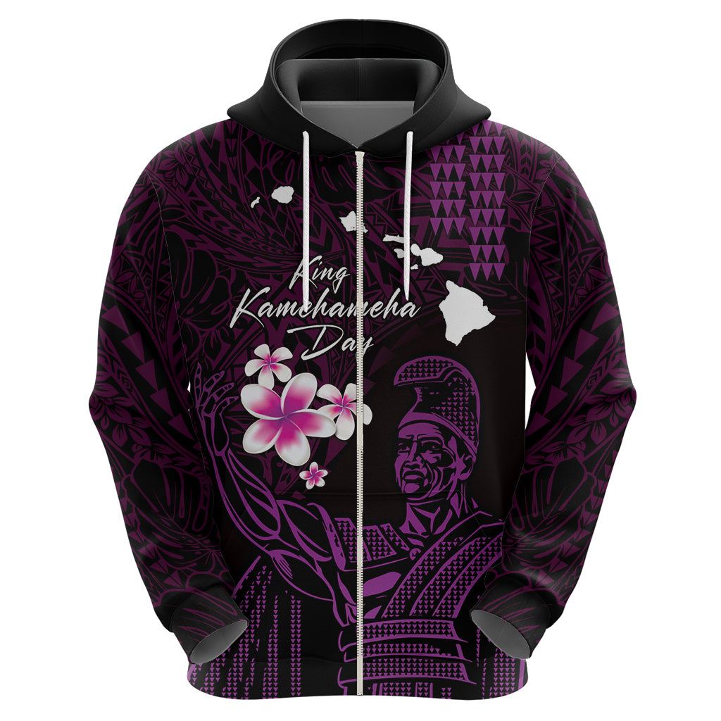 Personalised Hawaii King Kamehameha Day Zip Hoodie Plumeria With Kakau Pattern - Purple