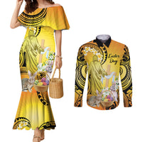 Polynesia Easter Day Couples Matching Mermaid Dress and Long Sleeve Button Shirt He Is Risen Lilium Longiflorum Polynesian Pattern