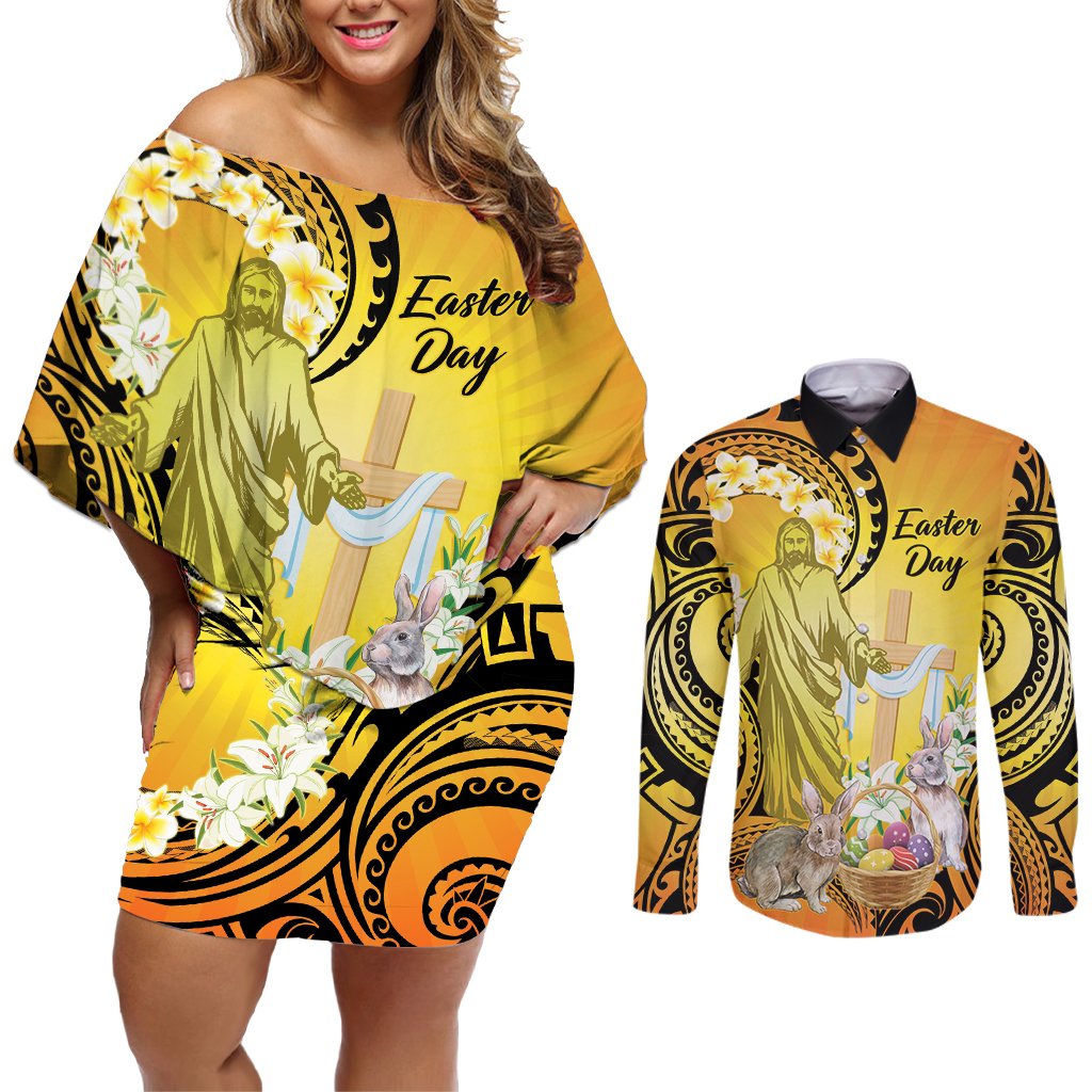 Polynesia Easter Day Couples Matching Off Shoulder Short Dress and Long Sleeve Button Shirt He Is Risen Lilium Longiflorum Polynesian Pattern