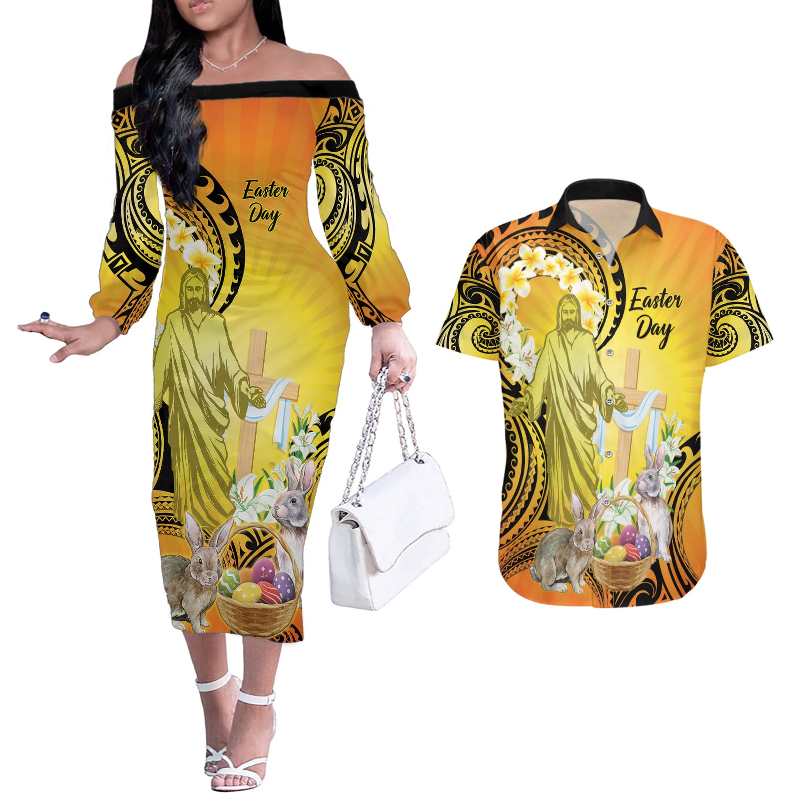Polynesia Easter Day Couples Matching Off The Shoulder Long Sleeve Dress and Hawaiian Shirt He Is Risen Lilium Longiflorum Polynesian Pattern
