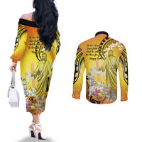 Polynesia Easter Day Couples Matching Off The Shoulder Long Sleeve Dress and Long Sleeve Button Shirt He Is Risen Lilium Longiflorum Polynesian Pattern