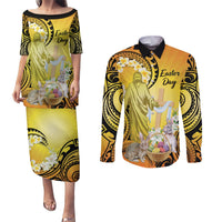 Polynesia Easter Day Couples Matching Puletasi and Long Sleeve Button Shirt He Is Risen Lilium Longiflorum Polynesian Pattern