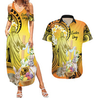Polynesia Easter Day Couples Matching Summer Maxi Dress and Hawaiian Shirt He Is Risen Lilium Longiflorum Polynesian Pattern