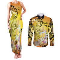 Polynesia Easter Day Couples Matching Tank Maxi Dress and Long Sleeve Button Shirt He Is Risen Lilium Longiflorum Polynesian Pattern