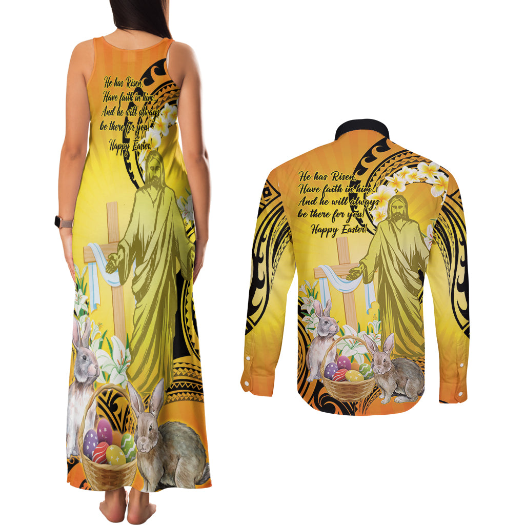 Polynesia Easter Day Couples Matching Tank Maxi Dress and Long Sleeve Button Shirt He Is Risen Lilium Longiflorum Polynesian Pattern