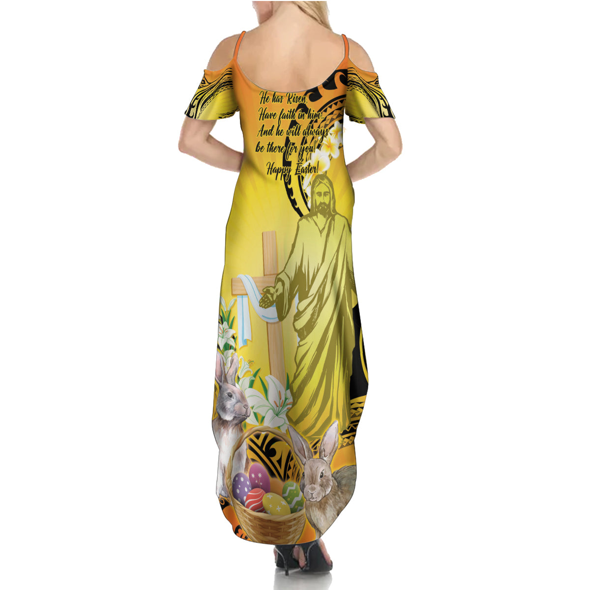 Polynesia Easter Day Family Matching Summer Maxi Dress and Hawaiian Shirt He Is Risen Lilium Longiflorum Polynesian Pattern