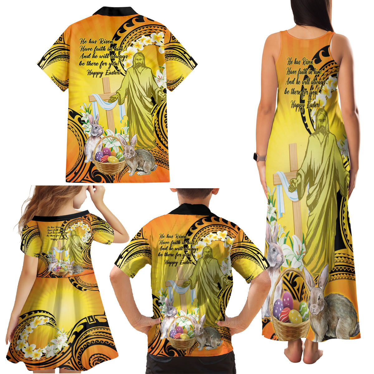 Polynesia Easter Day Family Matching Tank Maxi Dress and Hawaiian Shirt He Is Risen Lilium Longiflorum Polynesian Pattern