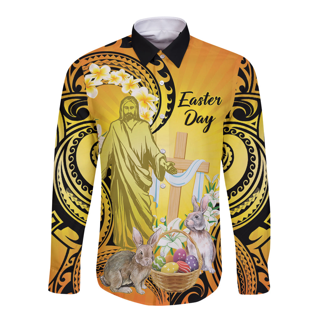 Polynesia Easter Day Long Sleeve Button Shirt He Is Risen Lilium Longiflorum Polynesian Pattern