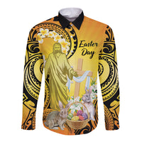Polynesia Easter Day Long Sleeve Button Shirt He Is Risen Lilium Longiflorum Polynesian Pattern