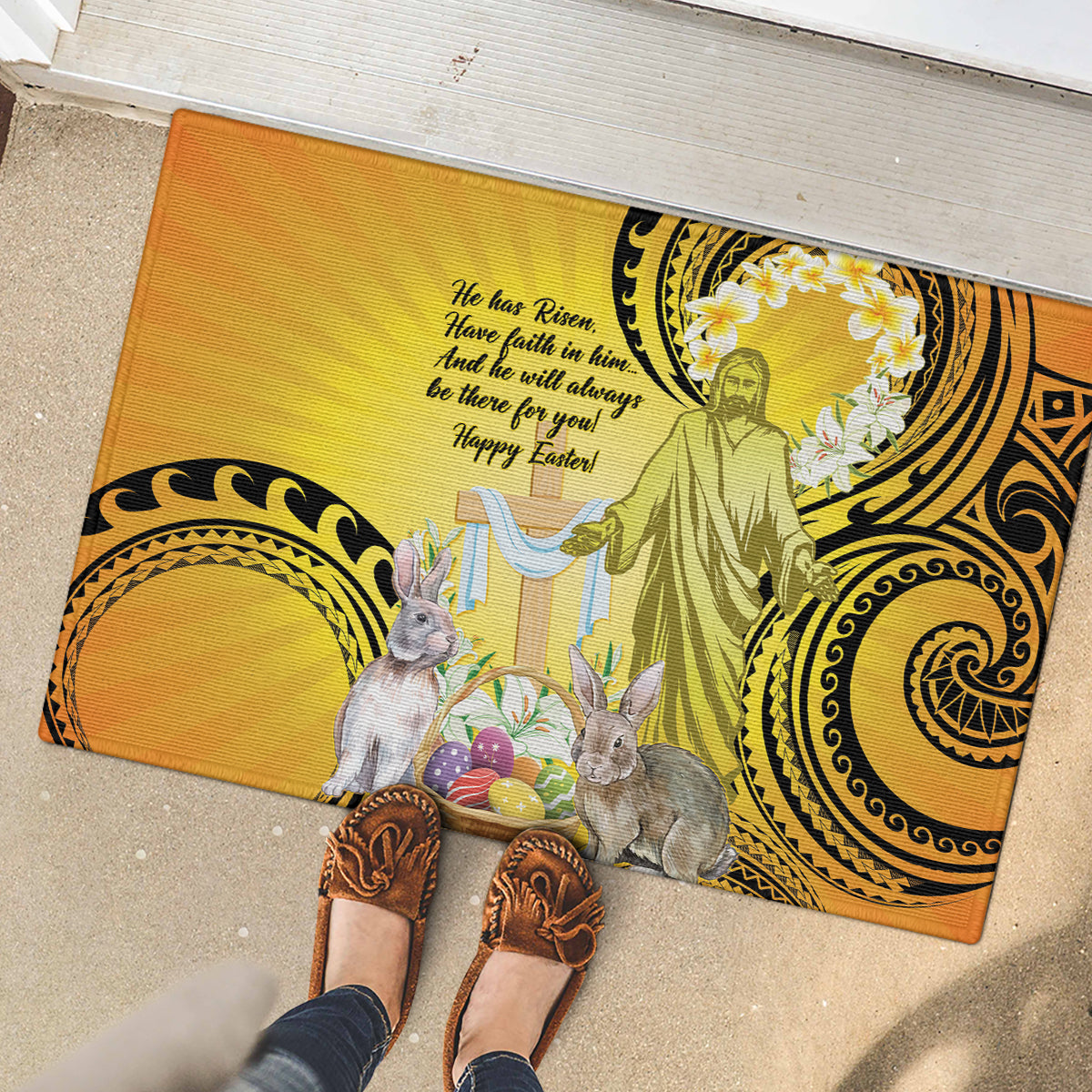 Polynesia Easter Day Rubber Doormat He Is Risen Lilium Longiflorum Polynesian Pattern