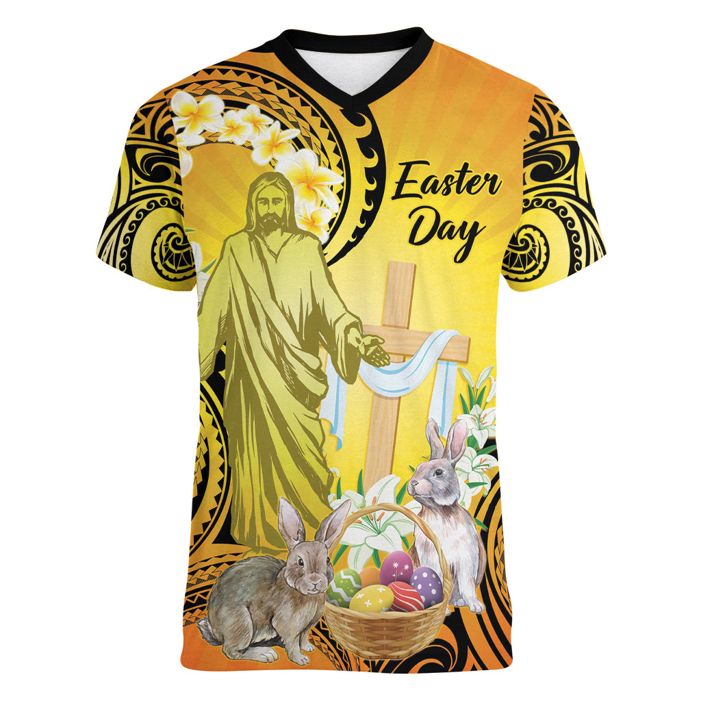 Polynesia Easter Day Women V Neck T Shirt He Is Risen Lilium Longiflorum Polynesian Pattern